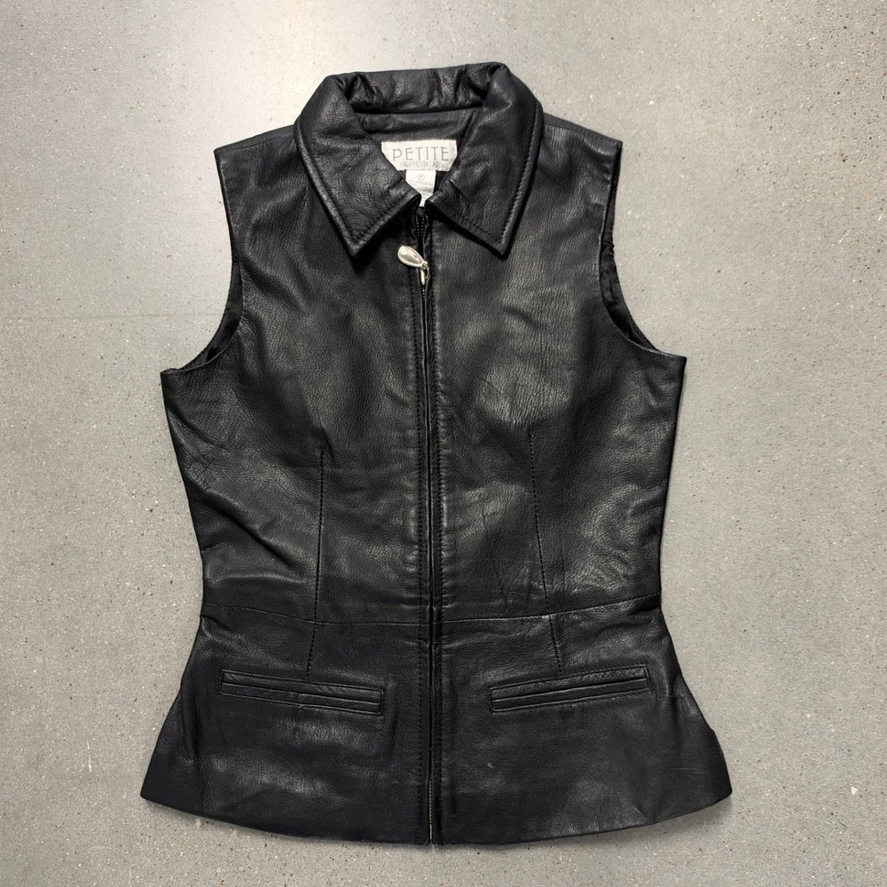 Petite Sophisticate Black Leather Zip Up Vest Collared Peplum Size P